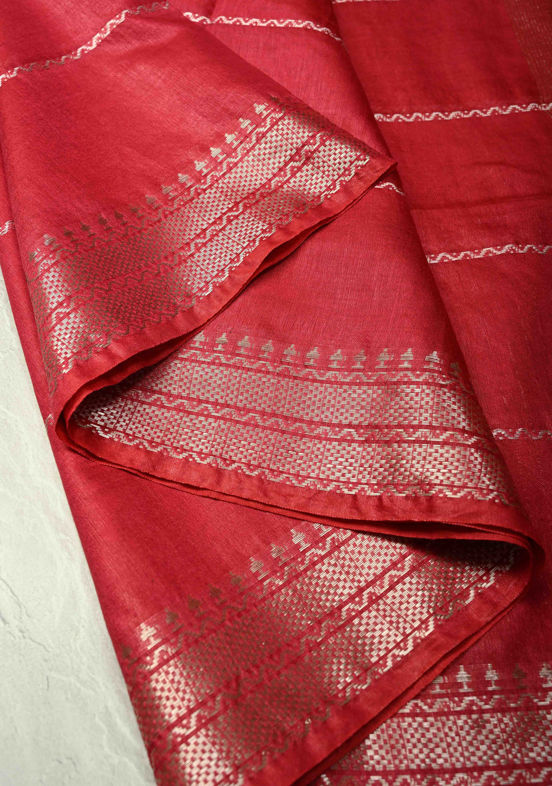 Crimson Red Semi Tussar Saree with Veldhari Stripes and Zari Border