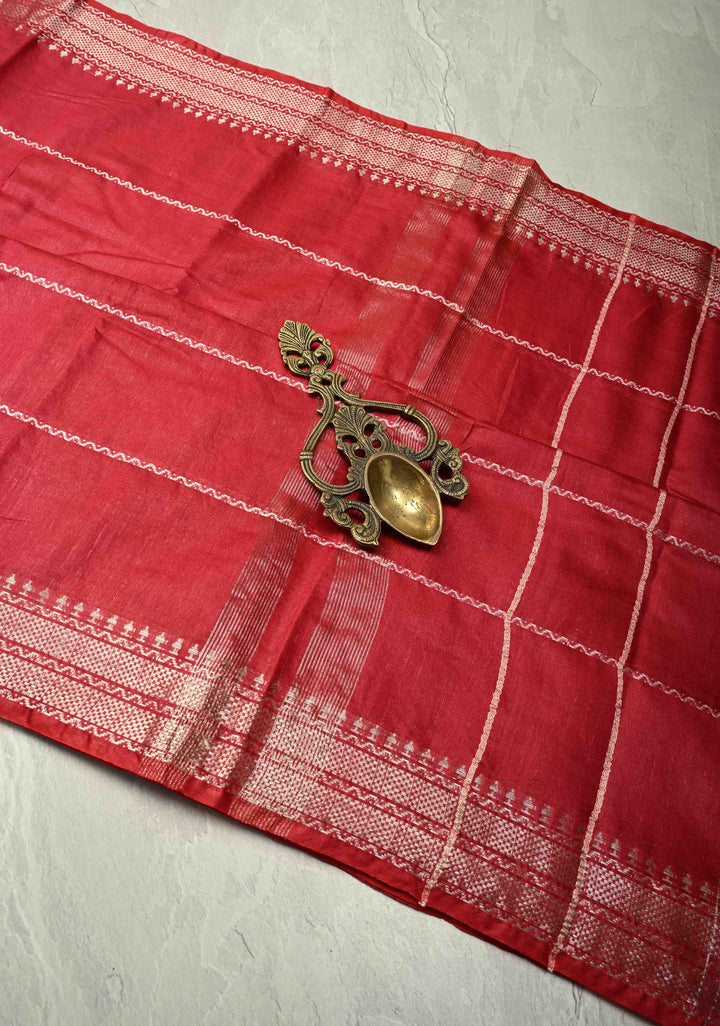 Crimson Red Semi Tussar Saree with Veldhari Stripes and Zari Border
