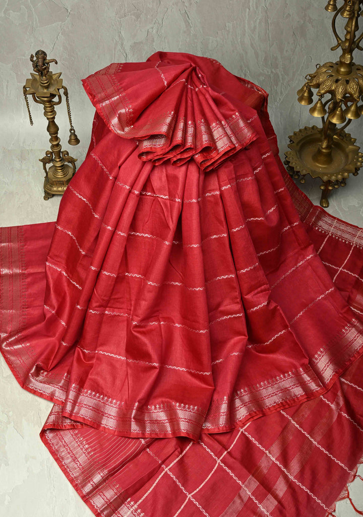Crimson Red Semi Tussar Saree with Veldhari Stripes and Zari Border