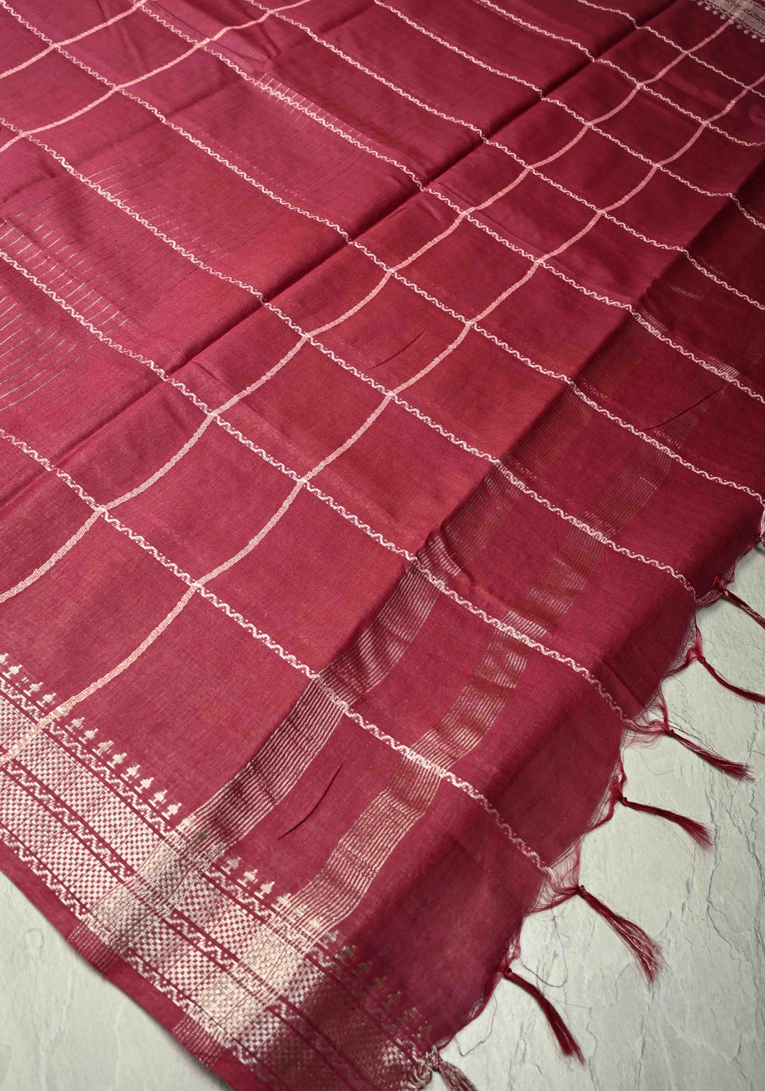 Berry Semi Tussar Saree with Veldhari Stripes and Zari Border