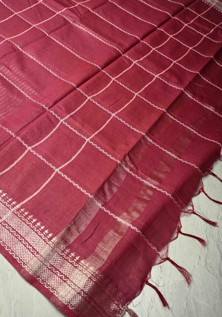 Berry Semi Tussar Saree with Veldhari Stripes and Zari Border