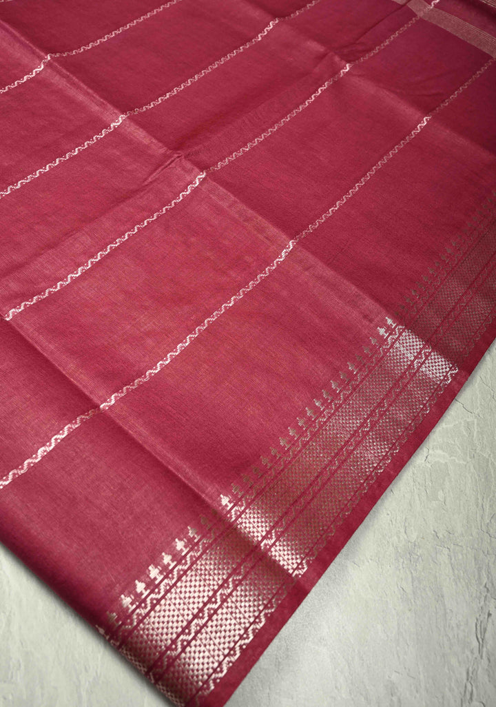 Berry Semi Tussar Saree with Veldhari Stripes and Zari Border