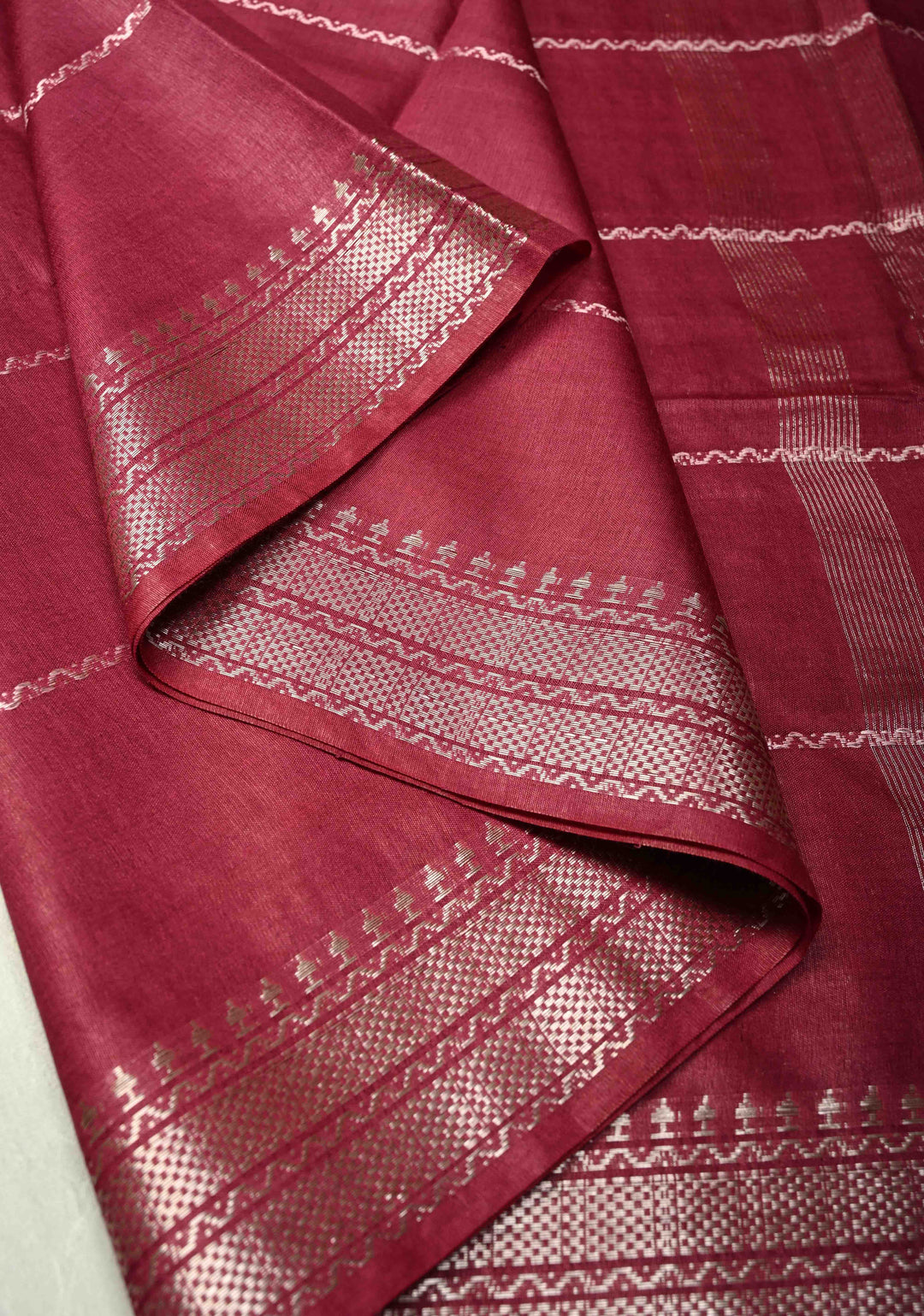 Berry Semi Tussar Saree with Veldhari Stripes and Zari Border