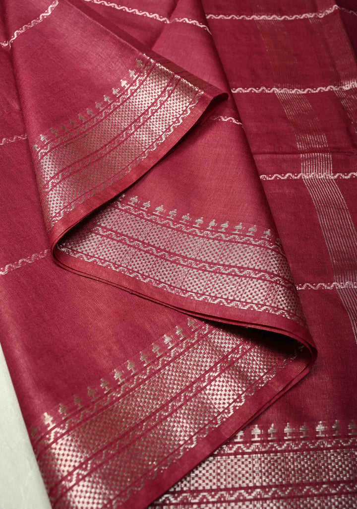 Berry Semi Tussar Saree with Veldhari Stripes and Zari Border
