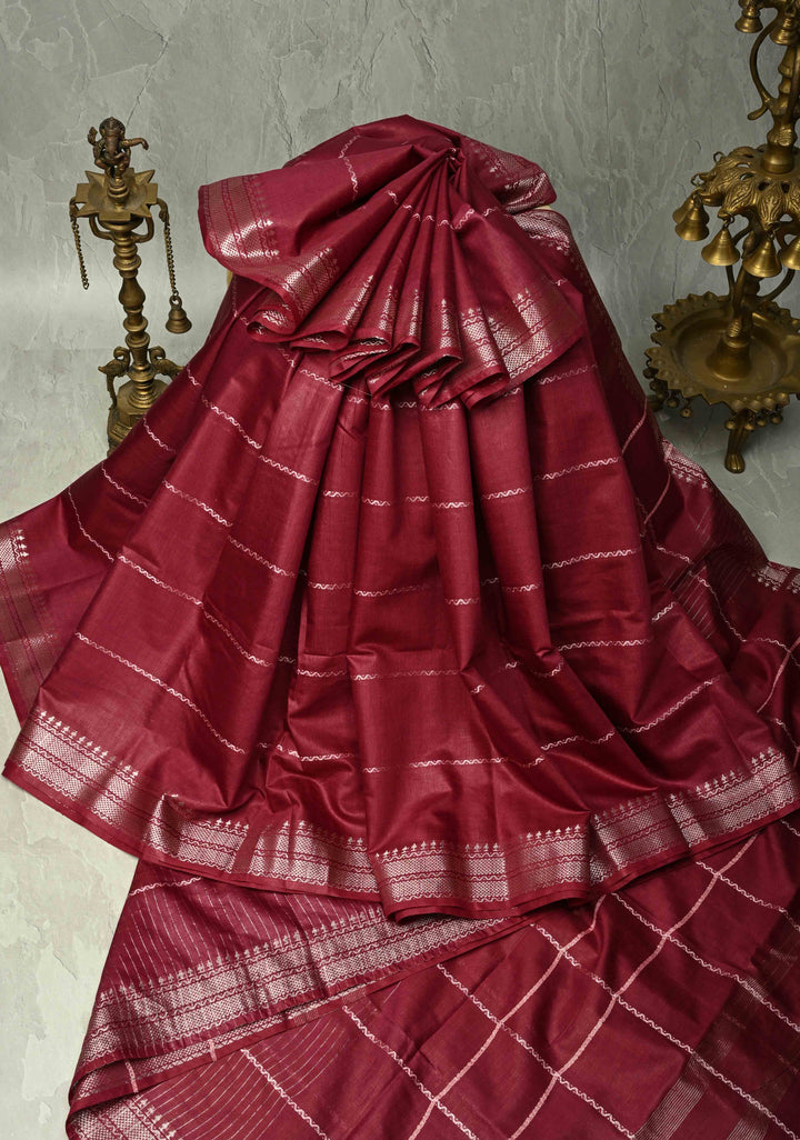 Berry Semi Tussar Saree with Veldhari Stripes and Zari Border