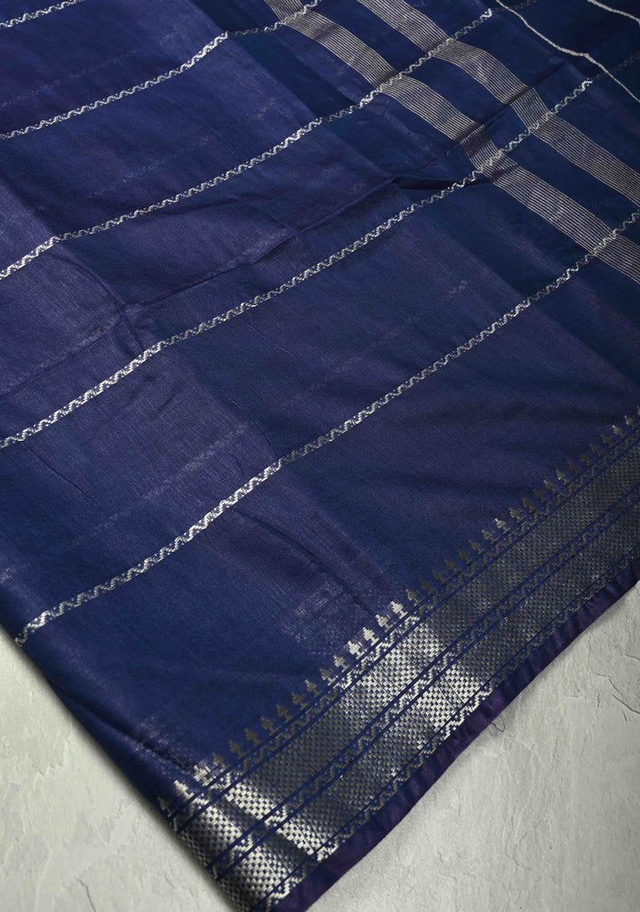 Royal Blue Semi Tussar Saree with Veldhari Stripes and Zari Border