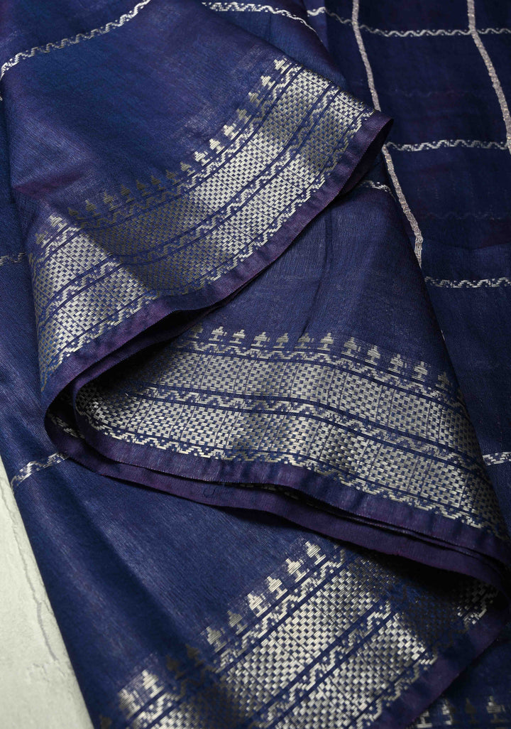 Royal Blue Semi Tussar Saree with Veldhari Stripes and Zari Border