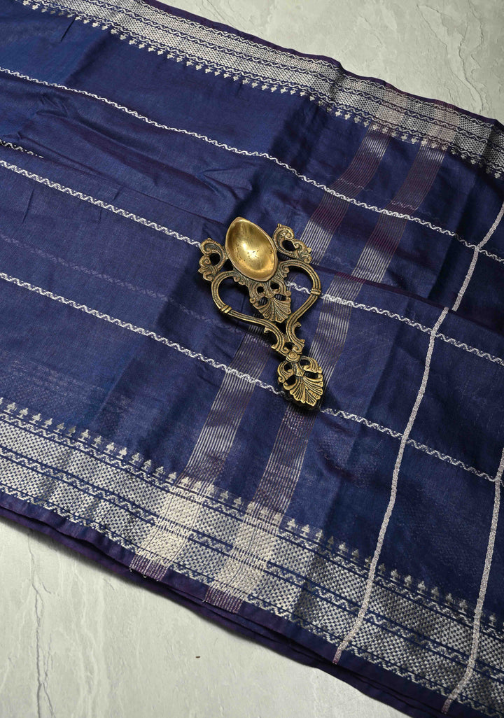 Royal Blue Semi Tussar Saree with Veldhari Stripes and Zari Border