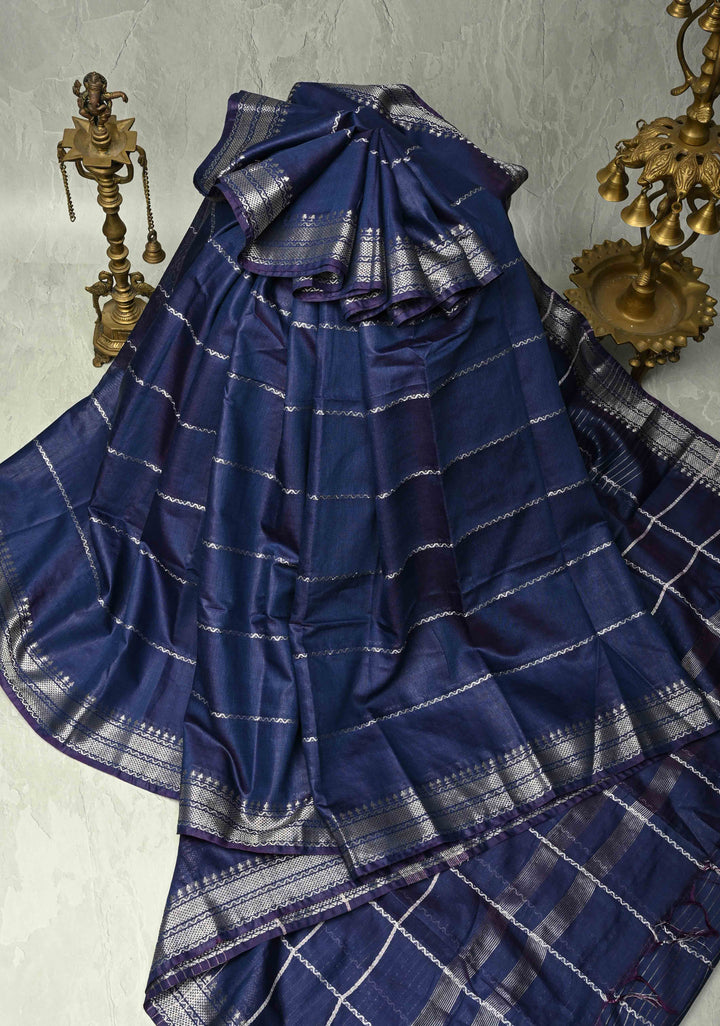 Royal Blue Semi Tussar Saree with Veldhari Stripes and Zari Border