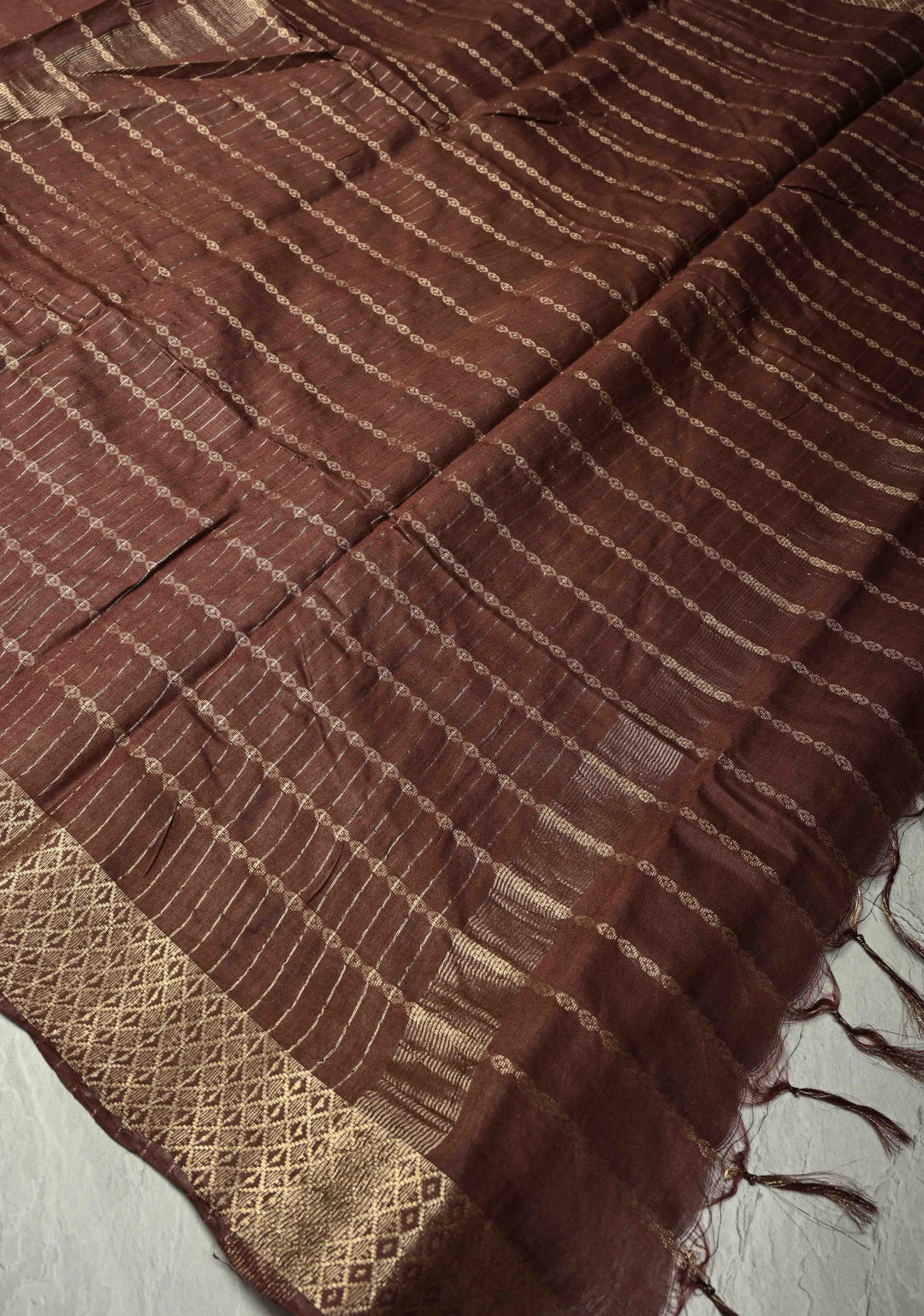 Coffee Brown Semi Tussar Saree with Zari Stripes and Zari Border