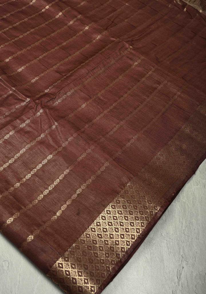 Coffee Brown Semi Tussar Saree with Zari Stripes and Zari Border