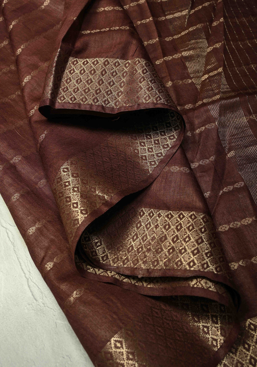 Coffee Brown Semi Tussar Saree with Zari Stripes and Zari Border