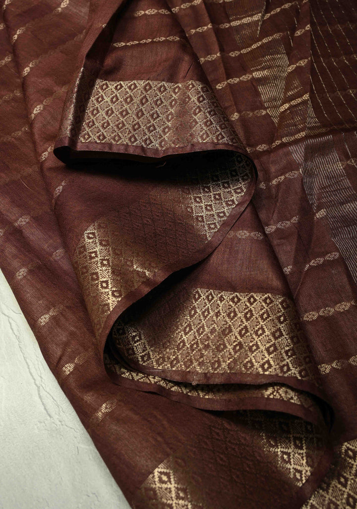 Coffee Brown Semi Tussar Saree with Zari Stripes and Zari Border