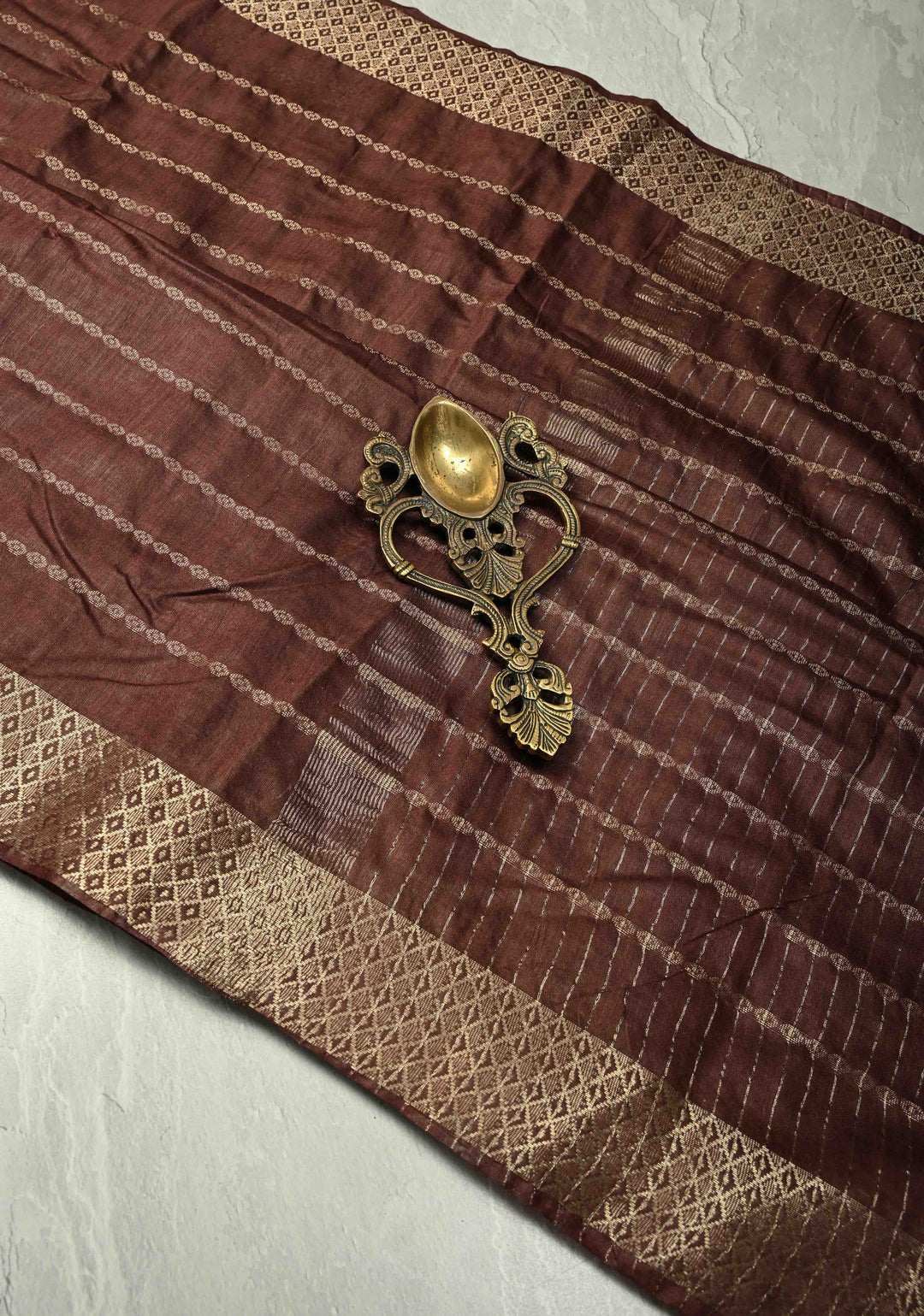 Coffee Brown Semi Tussar Saree with Zari Stripes and Zari Border