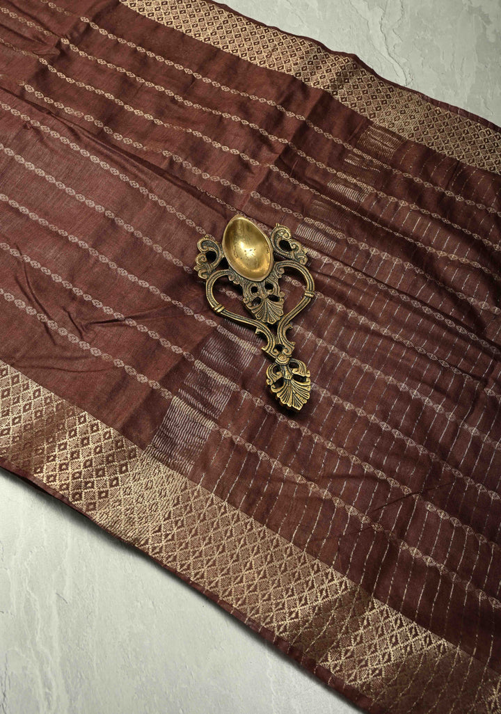 Coffee Brown Semi Tussar Saree with Zari Stripes and Zari Border