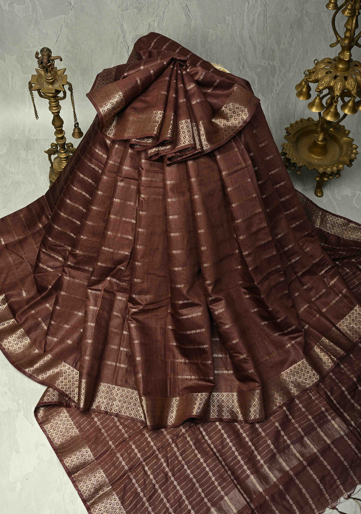 Coffee Brown Semi Tussar Saree with Zari Stripes and Zari Border