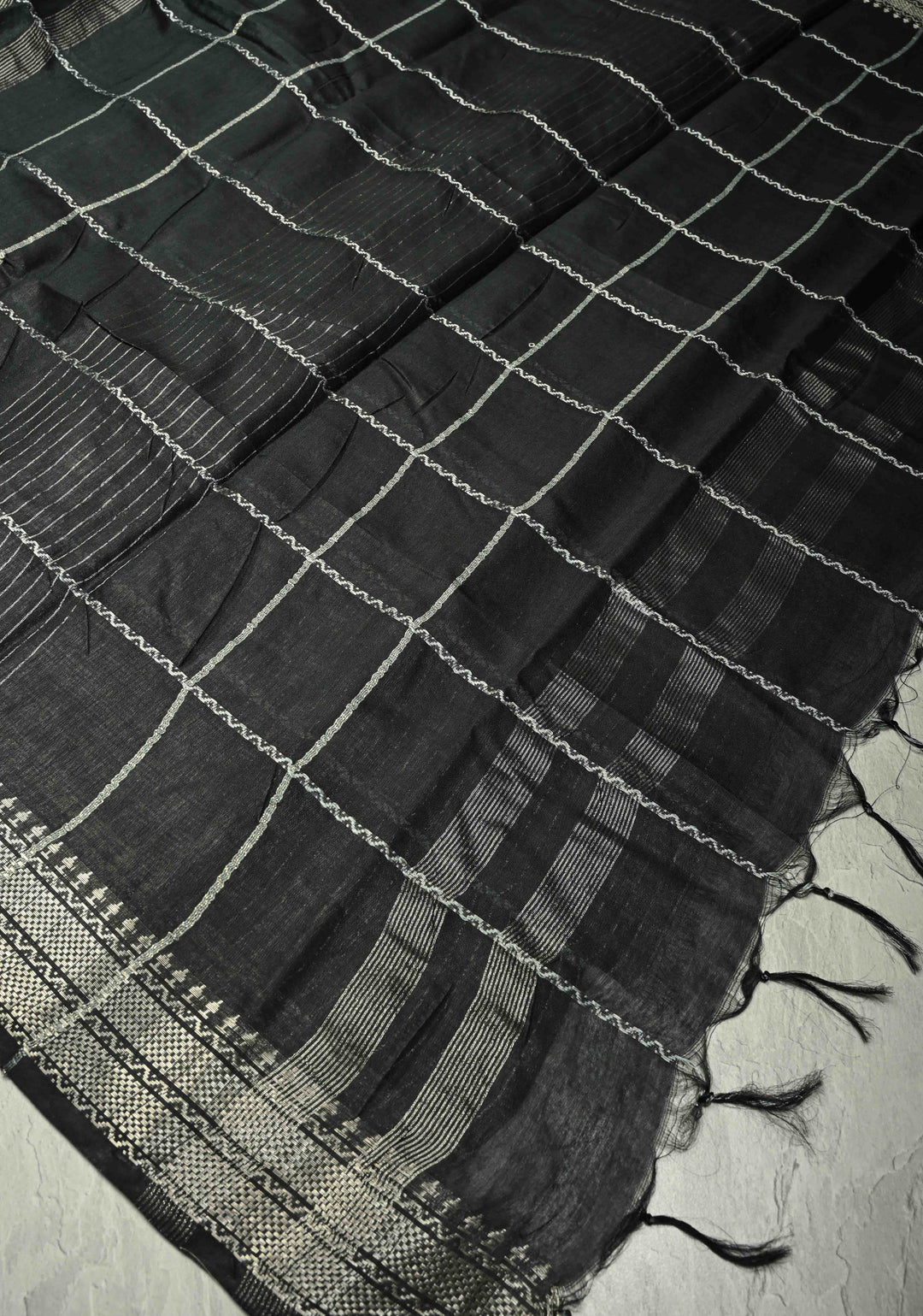 Black Semi Tussar Saree with Veldhari Stripes and Zari Border