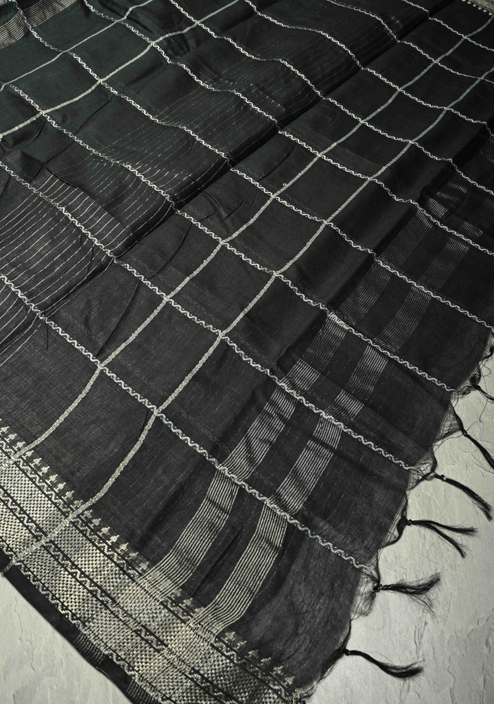 Black Semi Tussar Saree with Veldhari Stripes and Zari Border