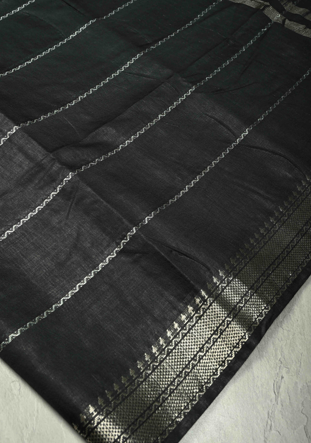 Black Semi Tussar Saree with Veldhari Stripes and Zari Border