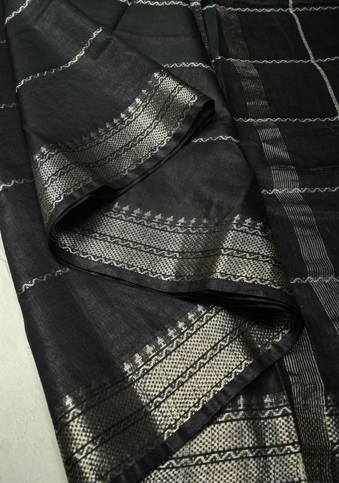 Black Semi Tussar Saree with Veldhari Stripes and Zari Border