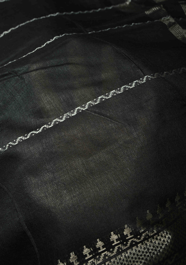 Black Semi Tussar Saree with Veldhari Stripes and Zari Border