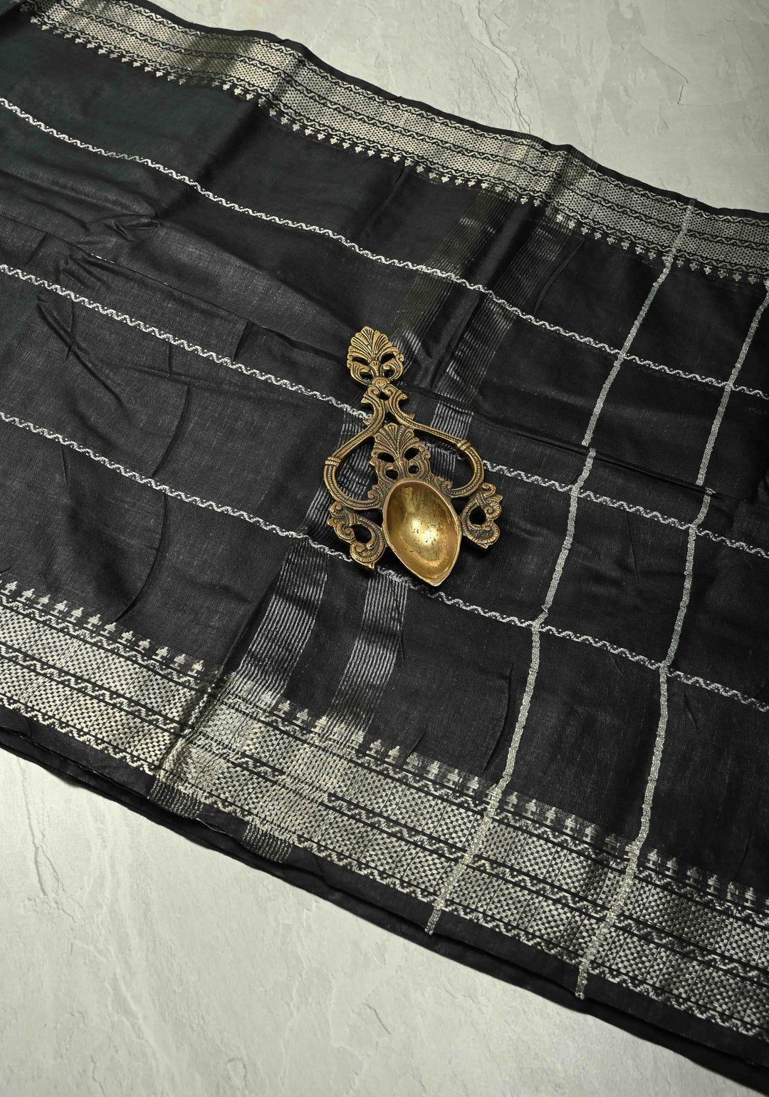 Black Semi Tussar Saree with Veldhari Stripes and Zari Border