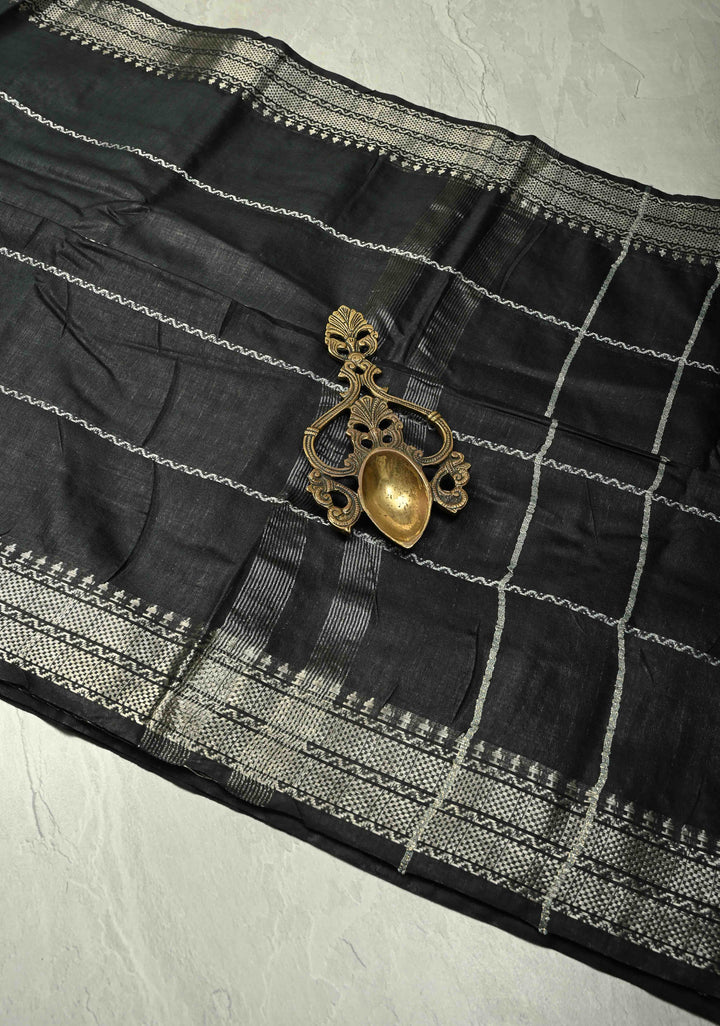Black Semi Tussar Saree with Veldhari Stripes and Zari Border