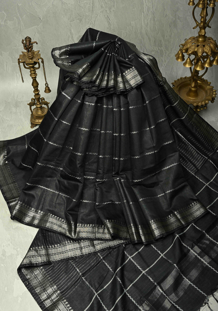 Black Semi Tussar Saree with Veldhari Stripes and Zari Border