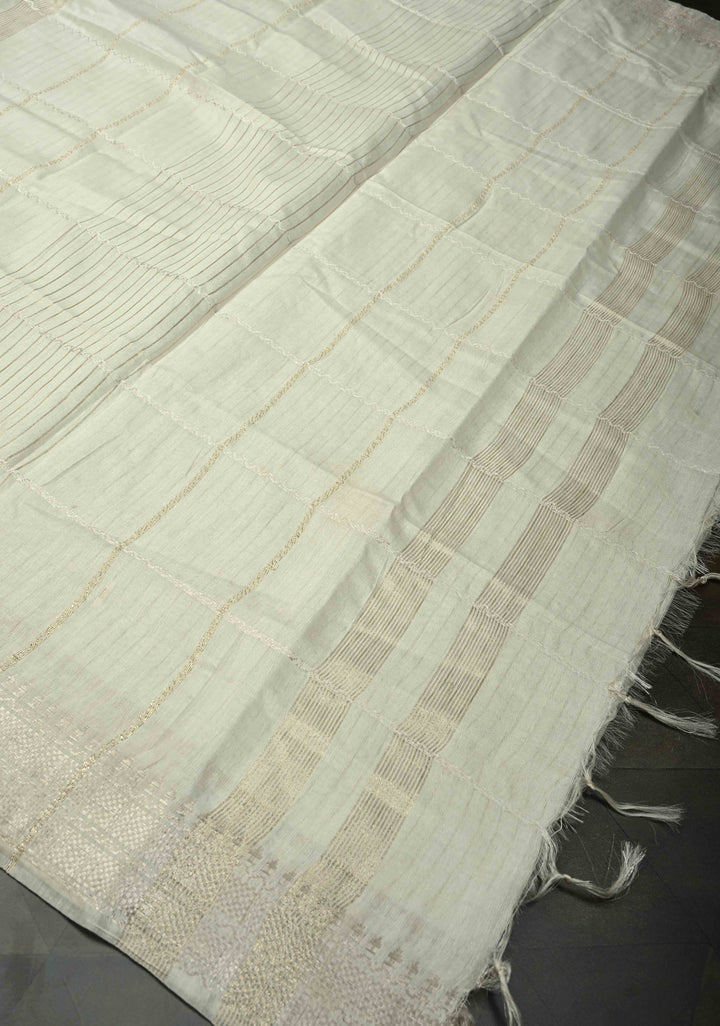 Powdered Sugar White Semi Tussar Saree with Thread Stripes and Zari Border