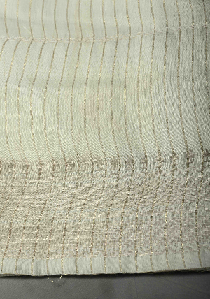 Powdered Sugar White Semi Tussar Saree with Thread Stripes and Zari Border