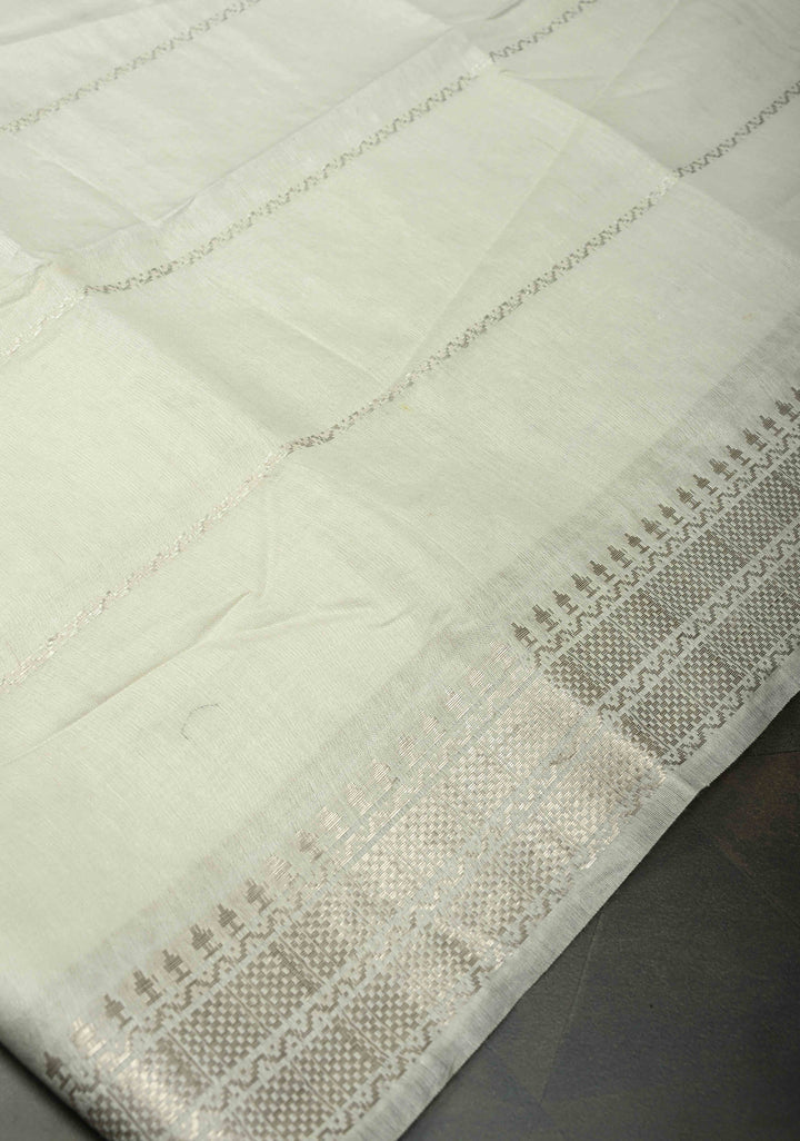 Powdered Sugar White Semi Tussar Saree with Thread Stripes and Zari Border