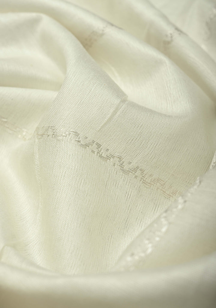 Powdered Sugar White Semi Tussar Saree with Thread Stripes and Zari Border