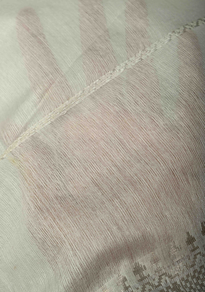 Powdered Sugar White Semi Tussar Saree with Thread Stripes and Zari Border