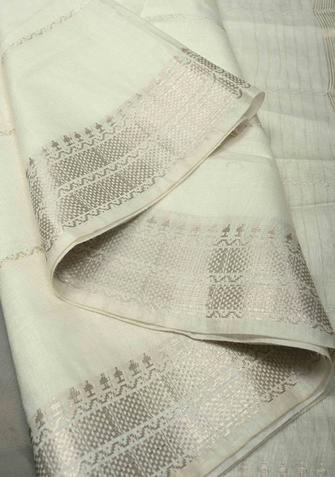 Powdered Sugar White Semi Tussar Saree with Thread Stripes and Zari Border