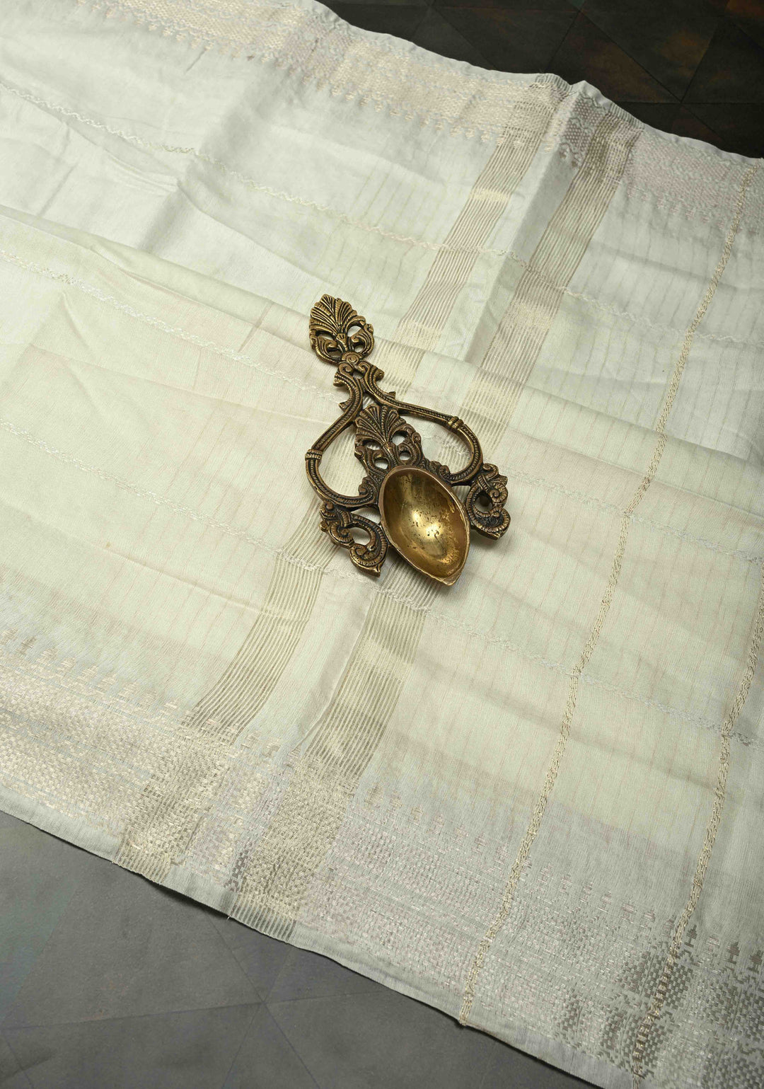 Powdered Sugar White Semi Tussar Saree with Thread Stripes and Zari Border