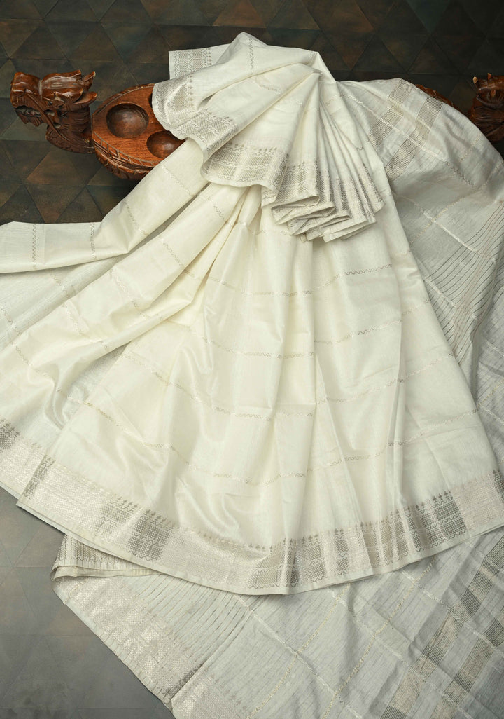 Powdered Sugar White Semi Tussar Saree with Thread Stripes and Zari Border