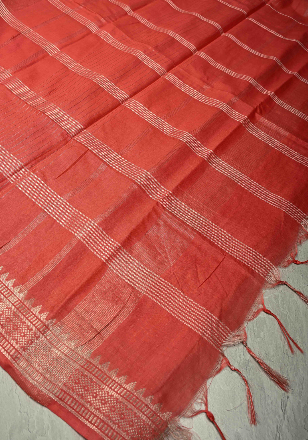Red Orange Semi Tussar Saree with Thread Stripes and Tepmle Zari Border
