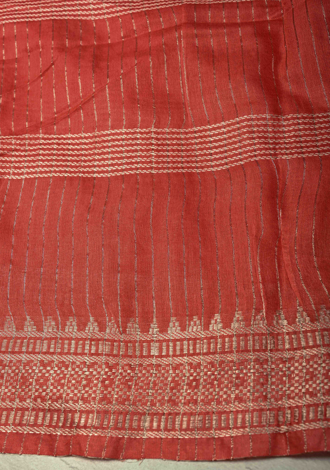Red Orange Semi Tussar Saree with Thread Stripes and Tepmle Zari Border