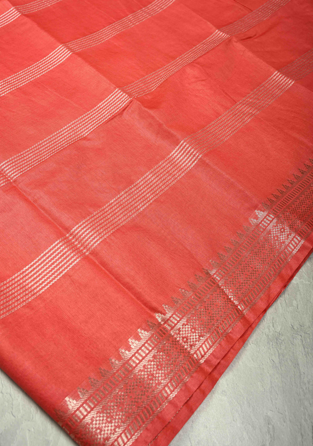 Red Orange Semi Tussar Saree with Thread Stripes and Tepmle Zari Border