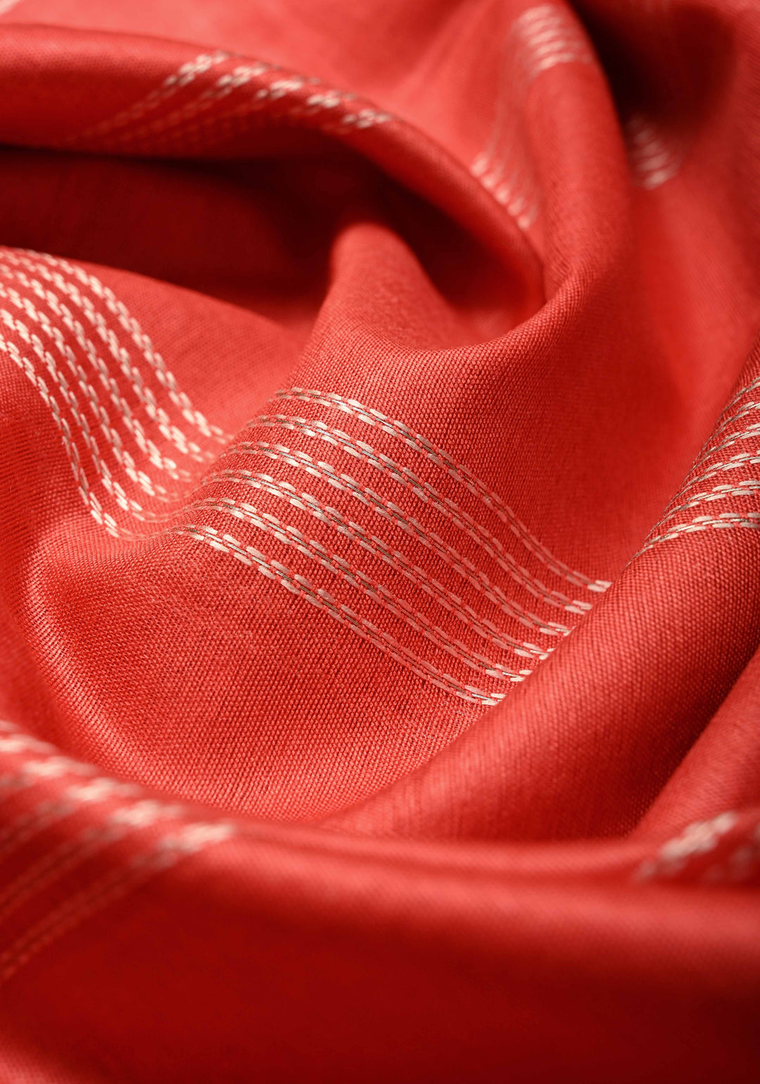 Red Orange Semi Tussar Saree with Thread Stripes and Tepmle Zari Border