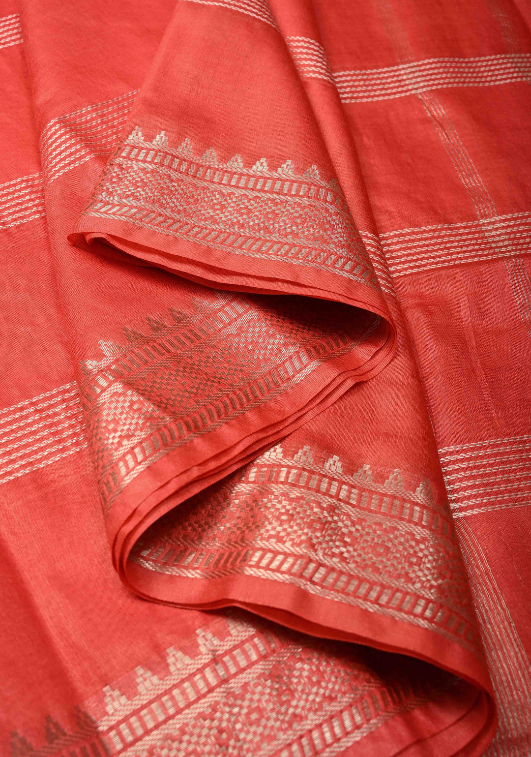 Red Orange Semi Tussar Saree with Thread Stripes and Tepmle Zari Border