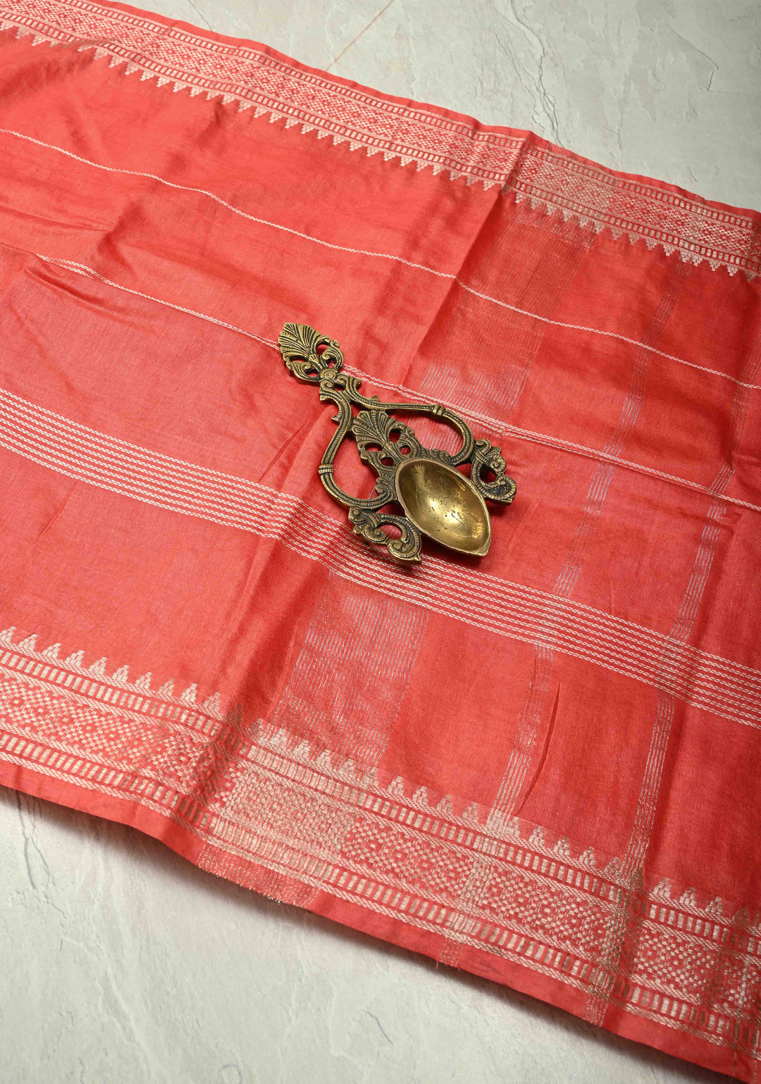 Red Orange Semi Tussar Saree with Thread Stripes and Tepmle Zari Border