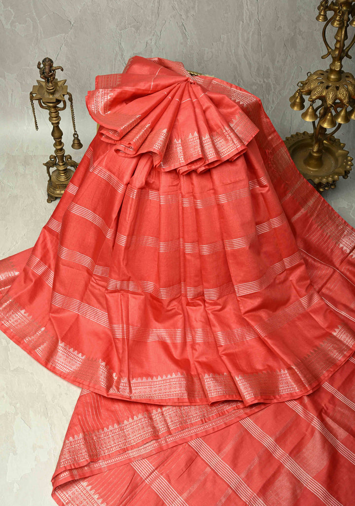 Red Orange Semi Tussar Saree with Thread Stripes and Tepmle Zari Border
