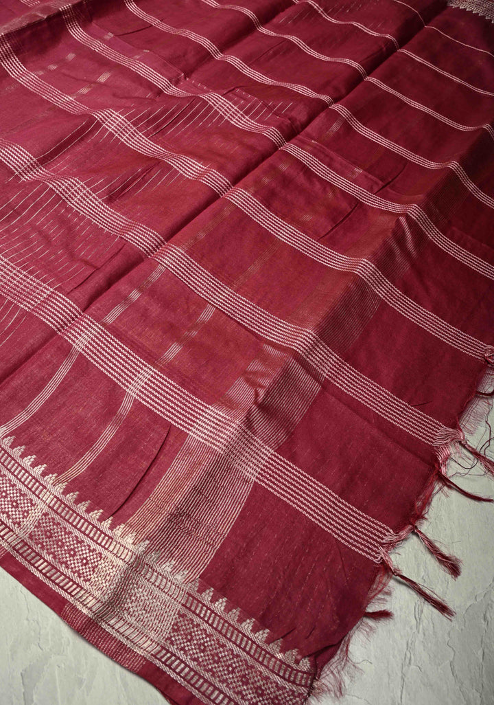 Magenta Semi Tussar Saree with Thread Stripes and Temple Zari Border