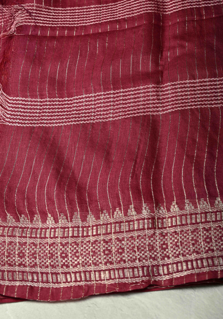Magenta Semi Tussar Saree with Thread Stripes and Temple Zari Border