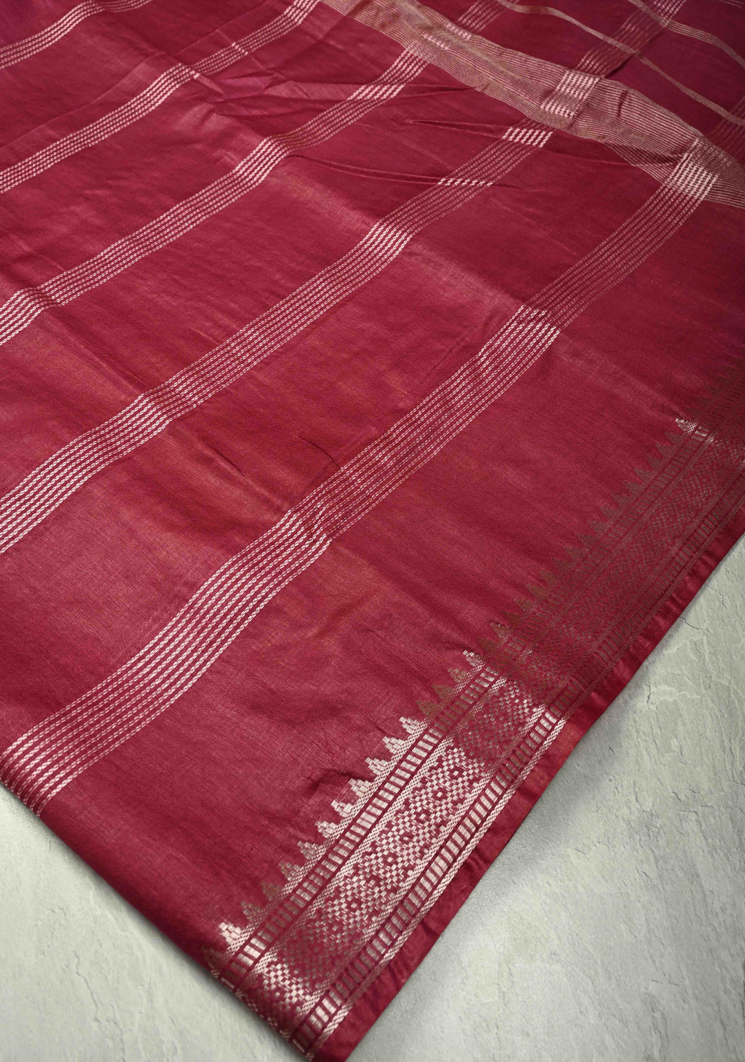 Magenta Semi Tussar Saree with Thread Stripes and Temple Zari Border