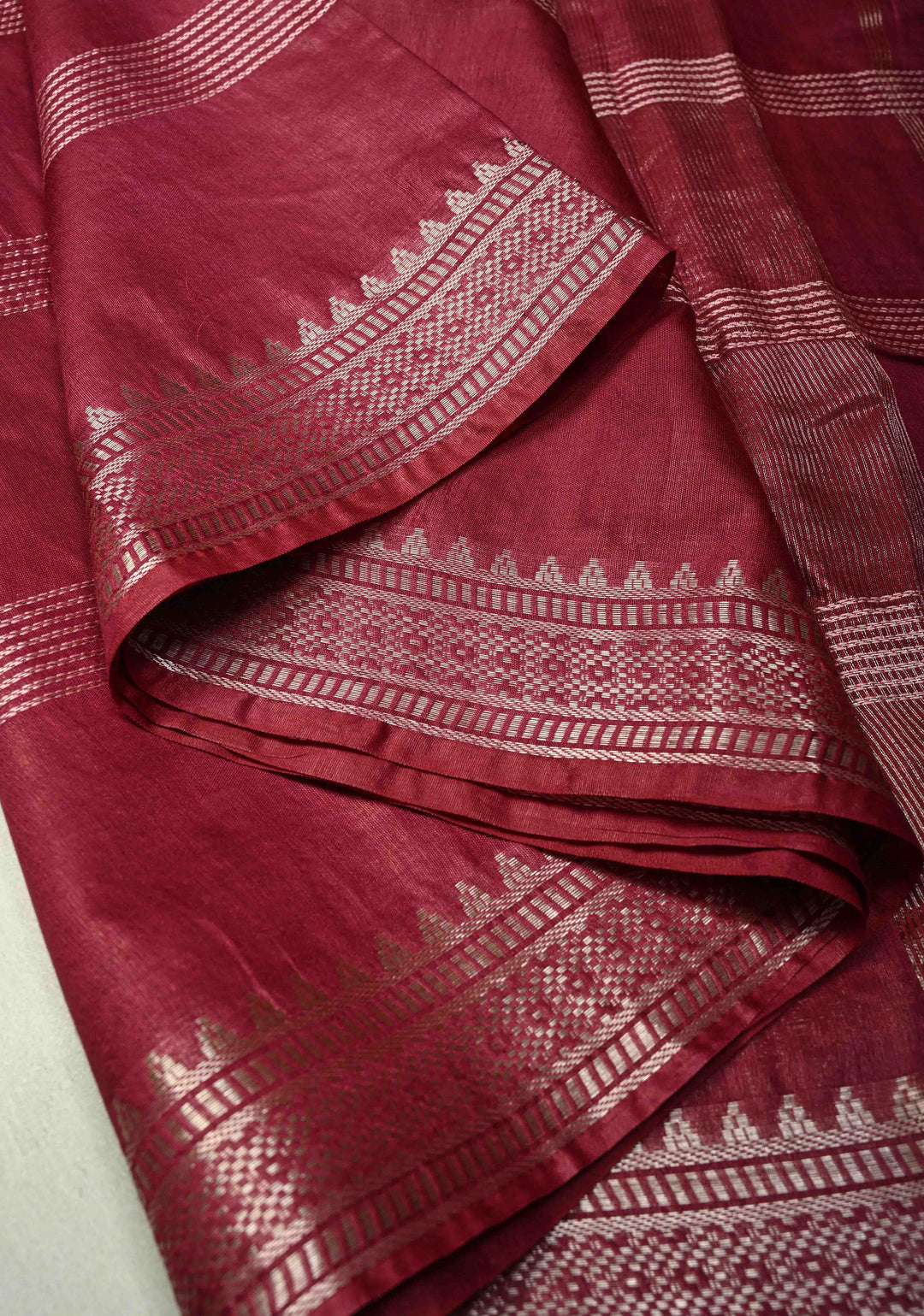 Magenta Semi Tussar Saree with Thread Stripes and Temple Zari Border
