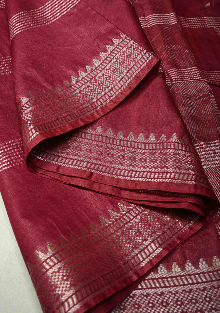 Magenta Semi Tussar Saree with Thread Stripes and Temple Zari Border