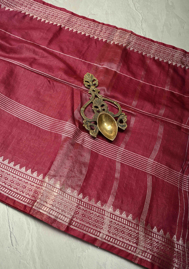 Magenta Semi Tussar Saree with Thread Stripes and Temple Zari Border