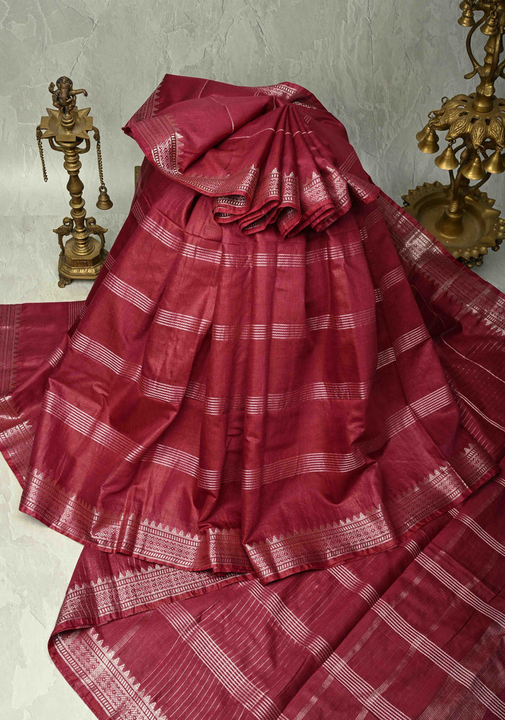 Magenta Semi Tussar Saree with Thread Stripes and Temple Zari Border